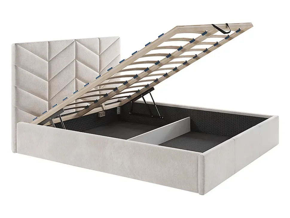 Lit coffre 140 x 190 cm - Tissu texturé - Crème + Matelas - JUSTANI