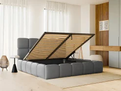 Lit coffre 140 x 190 cm - Tissu effet cuir - Gris - DAMADO