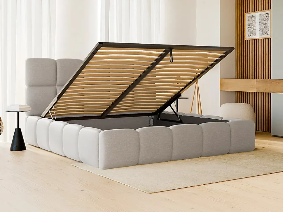 Lit coffre 180 x 200 cm - Tissu chiné - Gris clair - DAMADO II