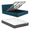 Lit coffre 180 x 200 cm - Tissu bouclette - Bleu canard + Matelas - MAZIRI