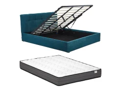 Lit coffre 180 x 200 cm - Tissu bouclette - Bleu canard + Matelas - MAZIRI