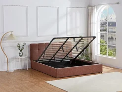 Lit coffre 180 x 200 cm - Tissu bouclette - Terracotta + Matelas - MAZIRI