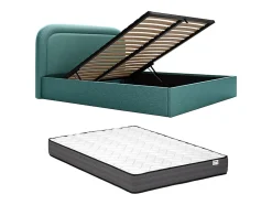 Lit coffre 180 x 200 cm - Tissu chiné - Bleu canard + Matelas - FIREZA