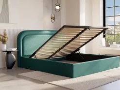 Lit coffre 180 x 200 cm - Tissu chiné - Bleu canard + Matelas - FIREZA