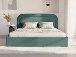 Lit coffre 180 x 200 cm - Tissu chiné - Bleu canard + Matelas - FIREZA