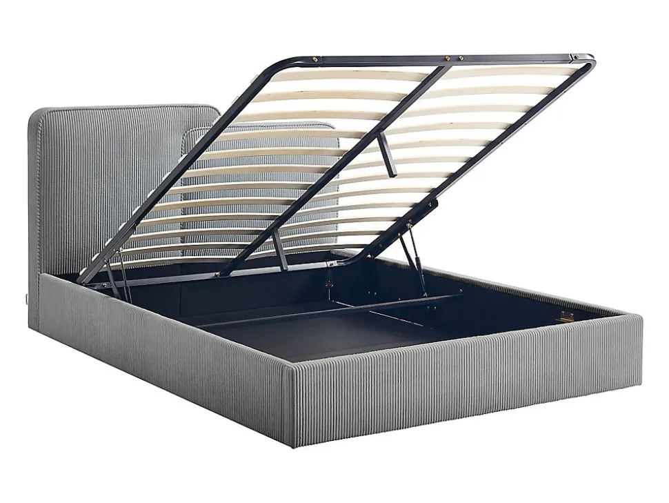 Lit coffre 180 x 200 cm - Velours côtelé - Gris + Matelas - NAYOLA