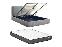 Lit coffre 180 x 200 cm - Velours côtelé - Gris + Matelas - NAYOLA