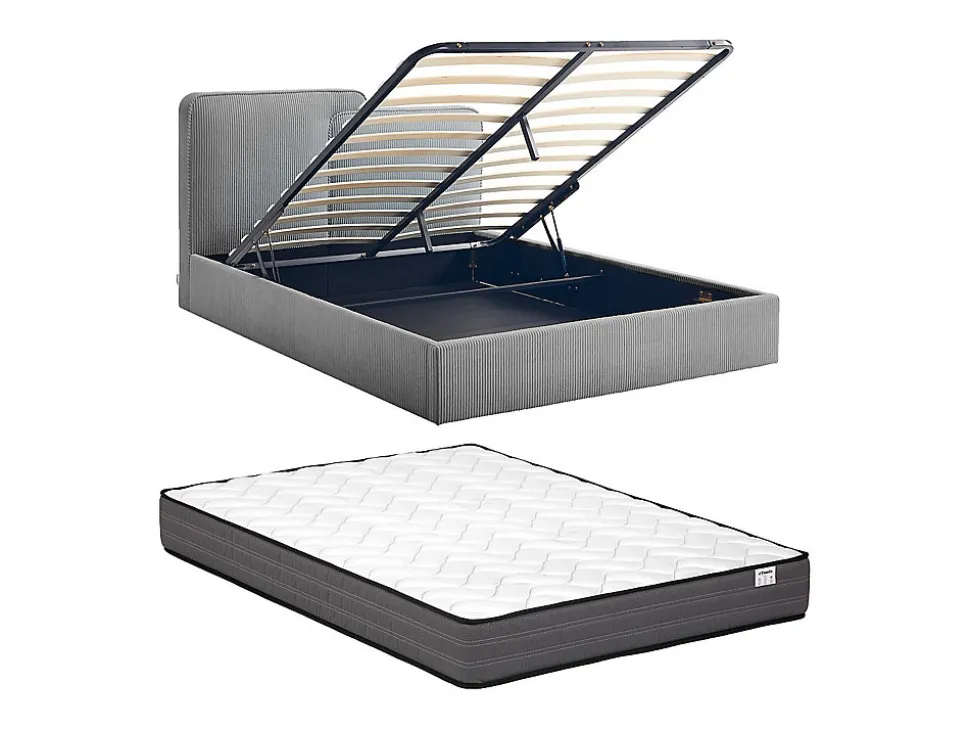 Lit coffre 180 x 200 cm - Velours côtelé - Gris + Matelas - NAYOLA