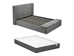 Lit coffre 160 x 200 cm avec banc - Tissu - Gris + Matelas - DOUINO