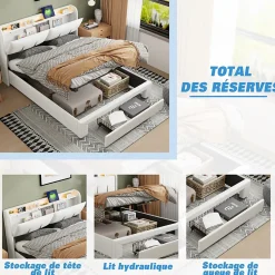 Lit Coffre 140 X 200 Cm Avec Éclairage LED Et Chargement USB, Avec Tiroirs, Velours, Blanc Cassé
