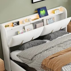 Lit Coffre 140 X 200 Cm Avec Éclairage LED Et Chargement USB, Avec Tiroirs, Velours, Blanc Cassé