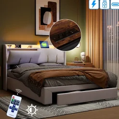 Lit Coffre 140 X 200 Cm Avec Éclairage LED Et Chargement USB, Avec Tiroirs, Velours, Blanc Cassé