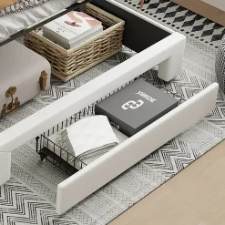 Lit Coffre 140 X 200 Cm Avec Éclairage LED Et Chargement USB, Avec Tiroirs, Velours, Blanc Cassé