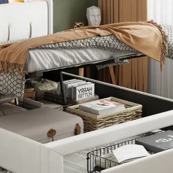 Lit Coffre 140 X 200 Cm Avec Éclairage LED Et Chargement USB, Avec Tiroirs, Velours, Blanc Cassé