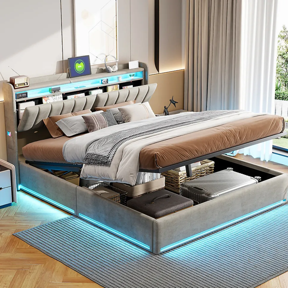 Lit Coffre 160 X 200 Cm Avec LED Et Ports USB, Étagères Ouvertes Et Rangements Cachés, Gris