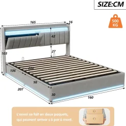 Lit Coffre 160 X 200 Cm Avec LED Et Ports USB, Étagères Ouvertes Et Rangements Cachés, Gris