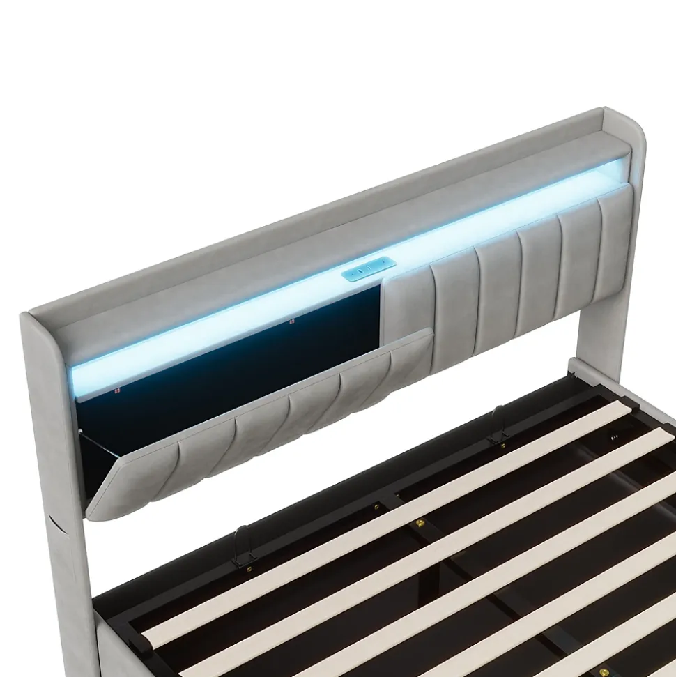 Lit Coffre 160 X 200 Cm Avec LED Et Ports USB, Étagères Ouvertes Et Rangements Cachés, Gris