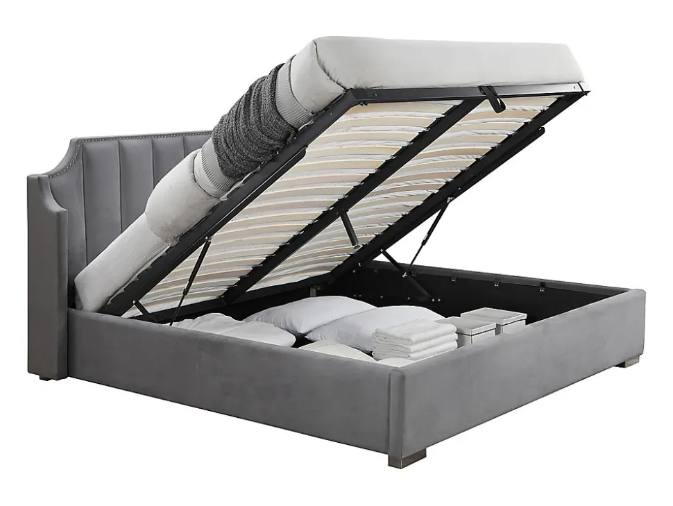 Lit coffre 160 x 200 cm avec tête de lit incurvée - Velours - Gris clair + Matelas - TEOMIS
