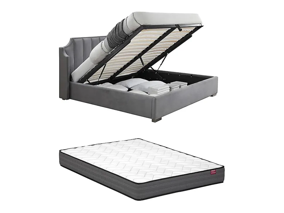 Lit coffre 160 x 200 cm avec tête de lit incurvée - Velours - Gris clair + Matelas - TEOMIS
