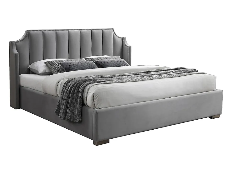 Lit coffre 160 x 200 cm avec tête de lit incurvée - Velours - Gris clair + Matelas - TEOMIS