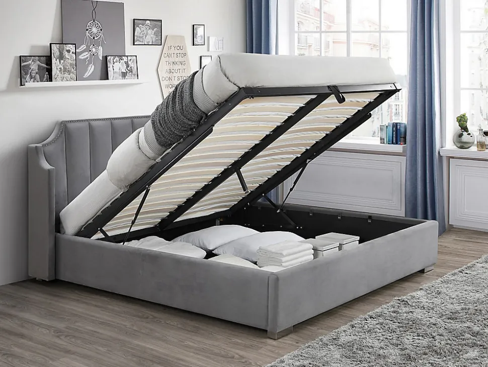 Lit coffre 160 x 200 cm avec tête de lit incurvée - Velours - Gris clair + Matelas - TEOMIS