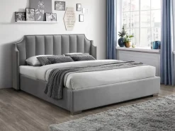 Lit coffre 160 x 200 cm avec tête de lit incurvée - Velours - Gris clair + Matelas - TEOMIS