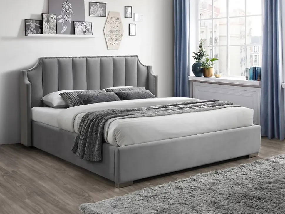 Lit coffre 160 x 200 cm avec tête de lit incurvée - Velours - Gris clair + Matelas - TEOMIS