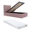 Lit coffre 90 x 190 cm avec tête de lit coutures verticales - Tissu - Rose + Matelas - SARAH