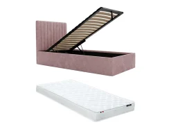 Lit coffre 90 x 190 cm avec tête de lit coutures verticales - Tissu - Rose + Matelas - SARAH