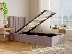 Lit coffre 90 x 190 cm avec tête de lit coutures verticales - Tissu - Rose + Matelas - SARAH