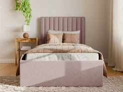 Lit coffre 90 x 190 cm avec tête de lit coutures verticales - Tissu - Rose + Matelas - SARAH