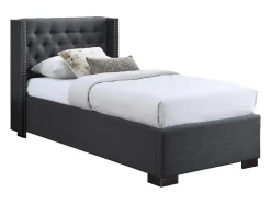 Lit coffre 90 x 200 cm avec tête de lit capitonnée - Tissu - Gris - MASSIMO