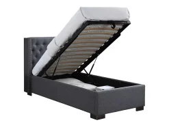 Lit coffre 90 x 200 cm avec tête de lit capitonnée - Tissu - Gris - MASSIMO