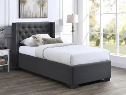 Lit coffre 90 x 200 cm avec tête de lit capitonnée - Tissu - Gris - MASSIMO