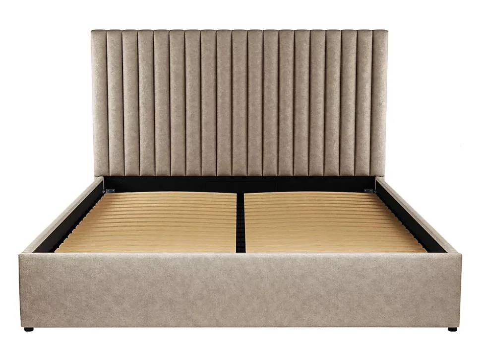 Lit coffre 160 x 200 cm avec tête de lit coutures verticales - Tissu - Taupe - SARAH II