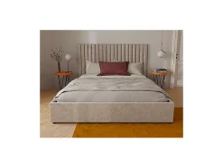 Lit coffre 160 x 200 cm avec tête de lit coutures verticales - Tissu - Taupe - SARAH II