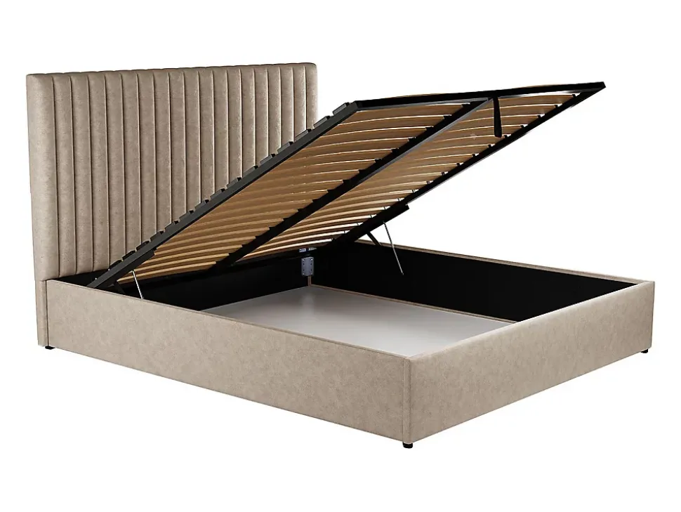 Lit coffre 160 x 200 cm avec tête de lit coutures verticales - Tissu - Taupe - SARAH II