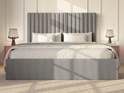 Lit coffre 140 x 190 cm avec tête de lit coutures verticales - Velours côtelé - Gris + Matelas - SARAH