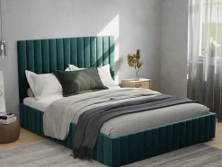 Lit coffre 160 x 200 cm avec tête de lit coutures verticales - Velours - Taupe - LARALI II