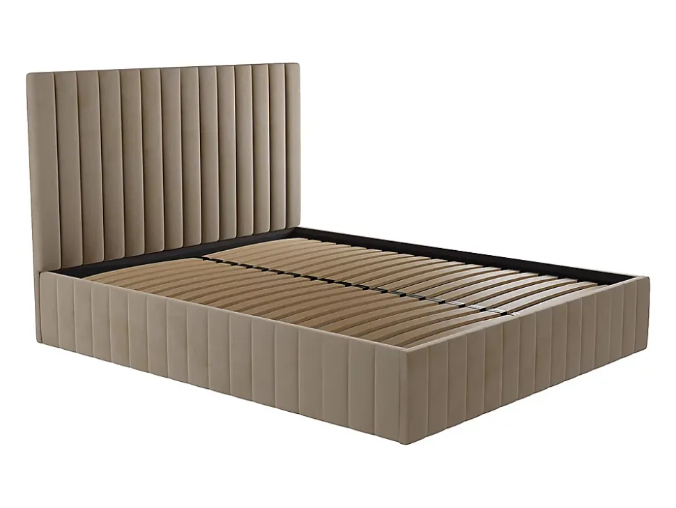 Lit coffre 160 x 200 cm avec tête de lit coutures verticales - Velours - Taupe - LARALI II
