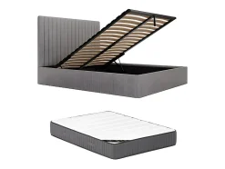 Lit coffre 160 x 200 cm avec tête de lit coutures verticales - Velours côtelé - Gris + Matelas - SARAH