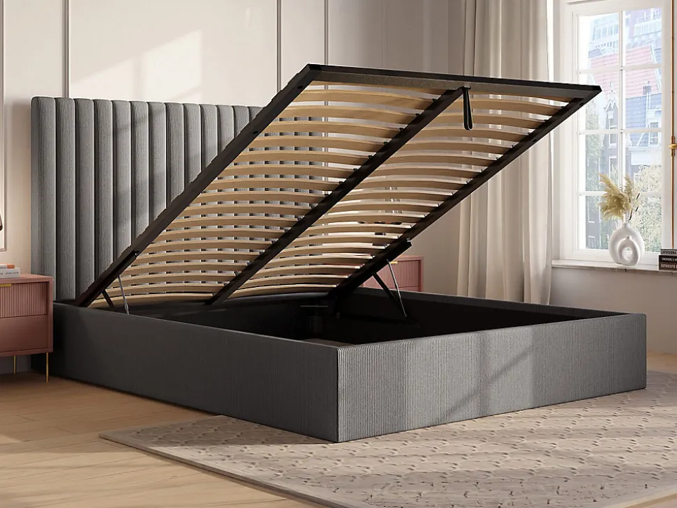 Lit coffre 160 x 200 cm avec tête de lit coutures verticales - Velours côtelé - Gris + Matelas - SARAH