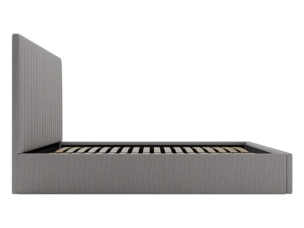 Lit coffre 160 x 200 cm avec tête de lit coutures verticales - Velours côtelé - Gris + Matelas - SARAH
