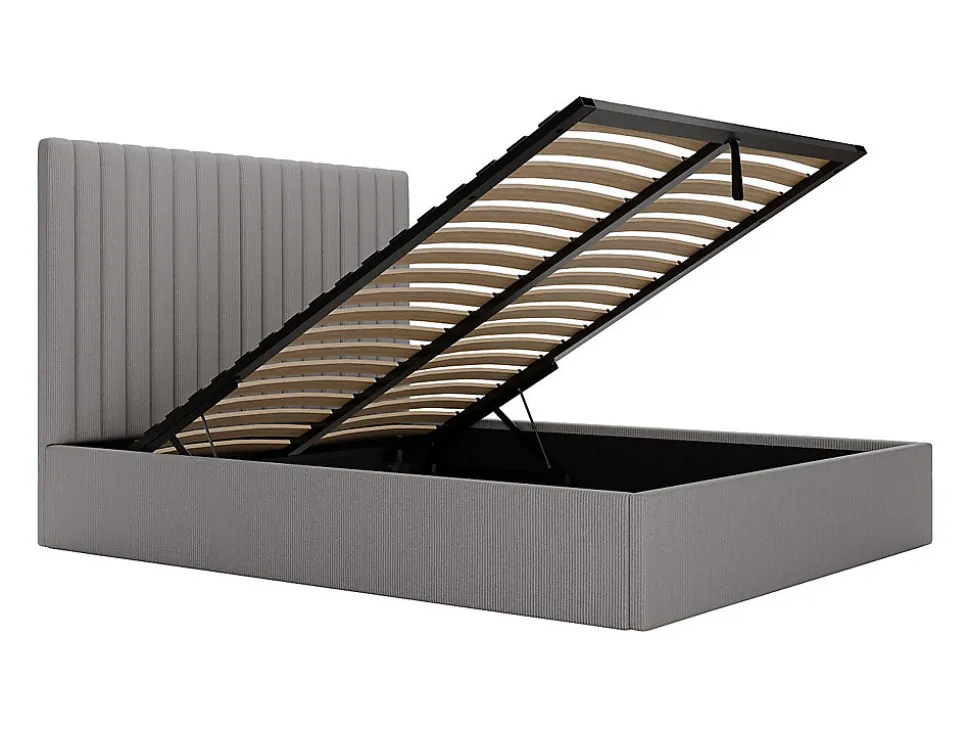 Lit coffre 160 x 200 cm avec tête de lit coutures verticales - Velours côtelé - Gris + Matelas - SARAH