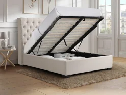 Lit coffre 160 x 200 cm avec tête de lit capitonnée - Tissu - Beige - MASSIMO II