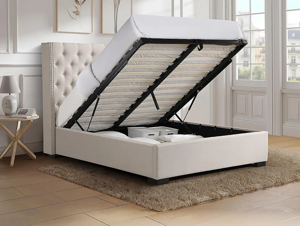 Lit coffre 160 x 200 cm avec tête de lit capitonnée - Tissu - Beige - MASSIMO II