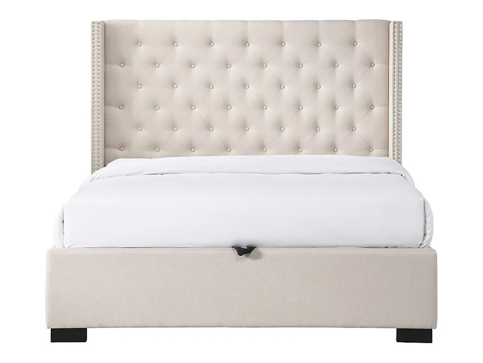 Lit coffre 160 x 200 cm avec tête de lit capitonnée - Tissu - Beige - MASSIMO II