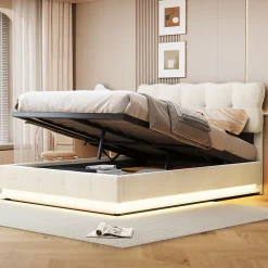 Lit Coffre 160 x 200 cm, Lit Double avec Éclairage LED, Lit Capitonné avec Rangement et Tete de lit,Velours Beige