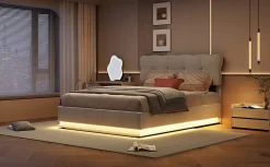 Lit Coffre 160 x 200 cm, Lit Double avec Éclairage LED, Lit Capitonné avec Rangement et Tete de lit,Velours Beige