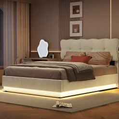 Lit Coffre 160 x 200 cm, Lit Double avec Éclairage LED, Lit Capitonné avec Rangement et Tete de lit,Velours Beige